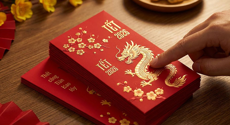 Dập nổi trên bao lì xì - in ấn dp